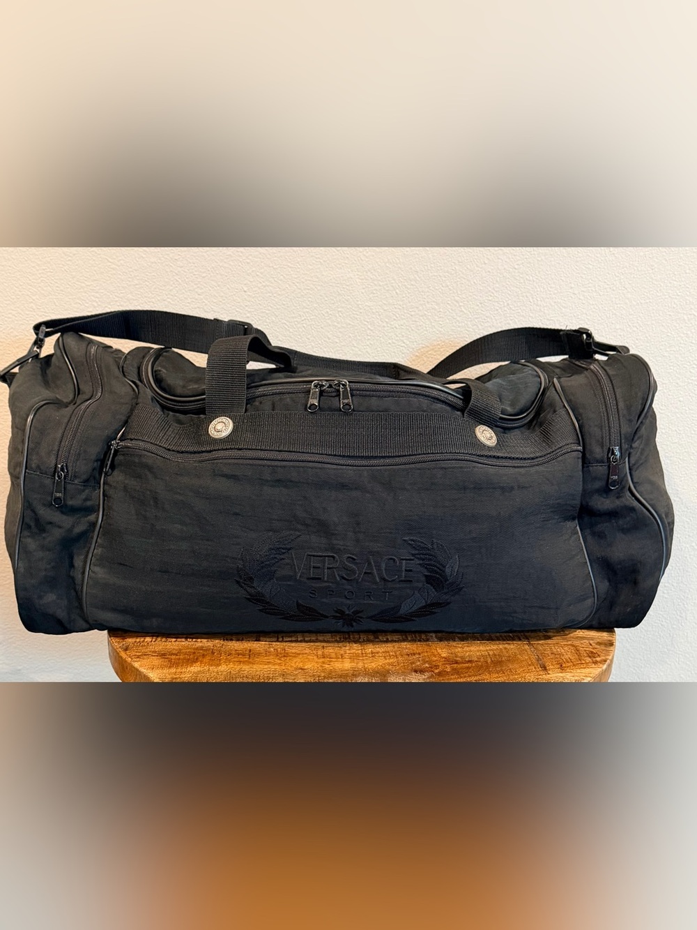 90s Vintage Versace Parfums Sport Black Nylon Travel Duffle Bag GWP